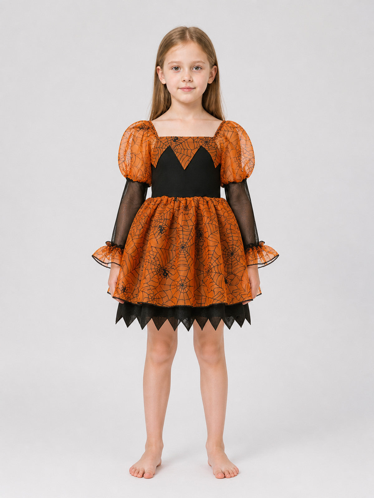 Children’s Halloween Dress, Black and Orange, with Spiderweb Pattern on-model view