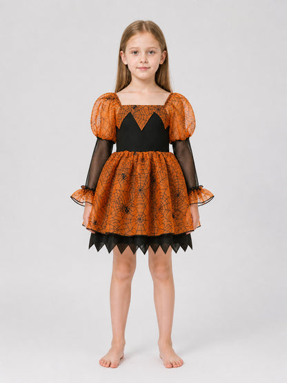 Children’s Halloween Dress, Black and Orange, with Spiderweb Pattern on-model view