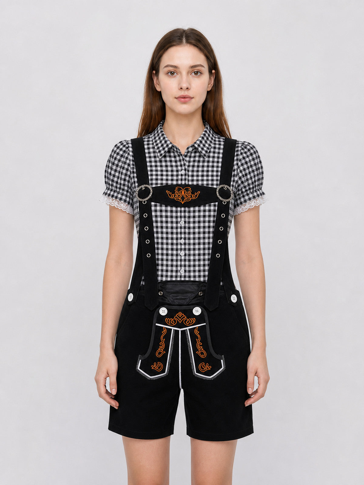 Children's Set: Plaid Shirt and Suspender Shorts front view