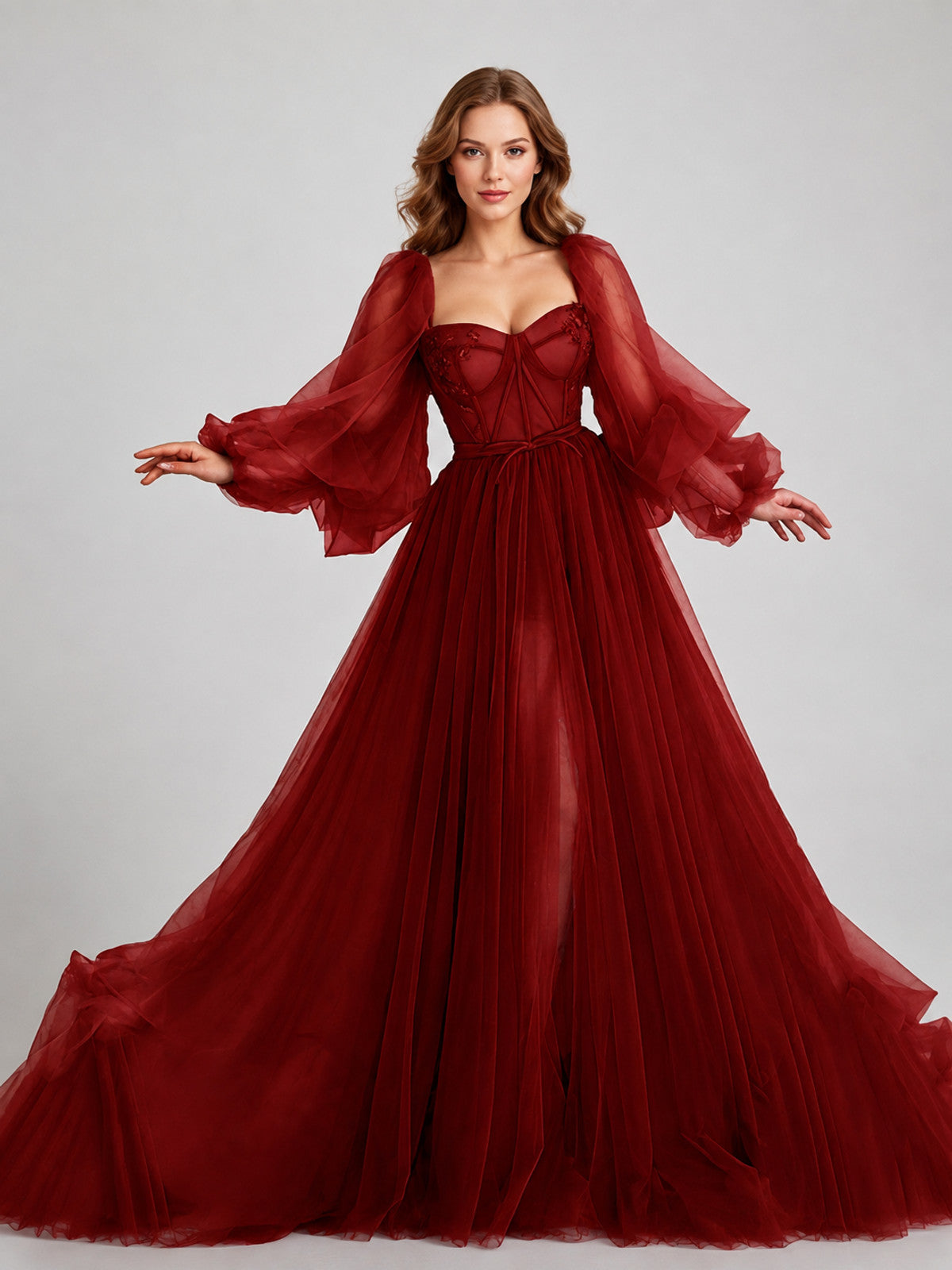 Red Wedding Dress with a Corset Bodice on-model view