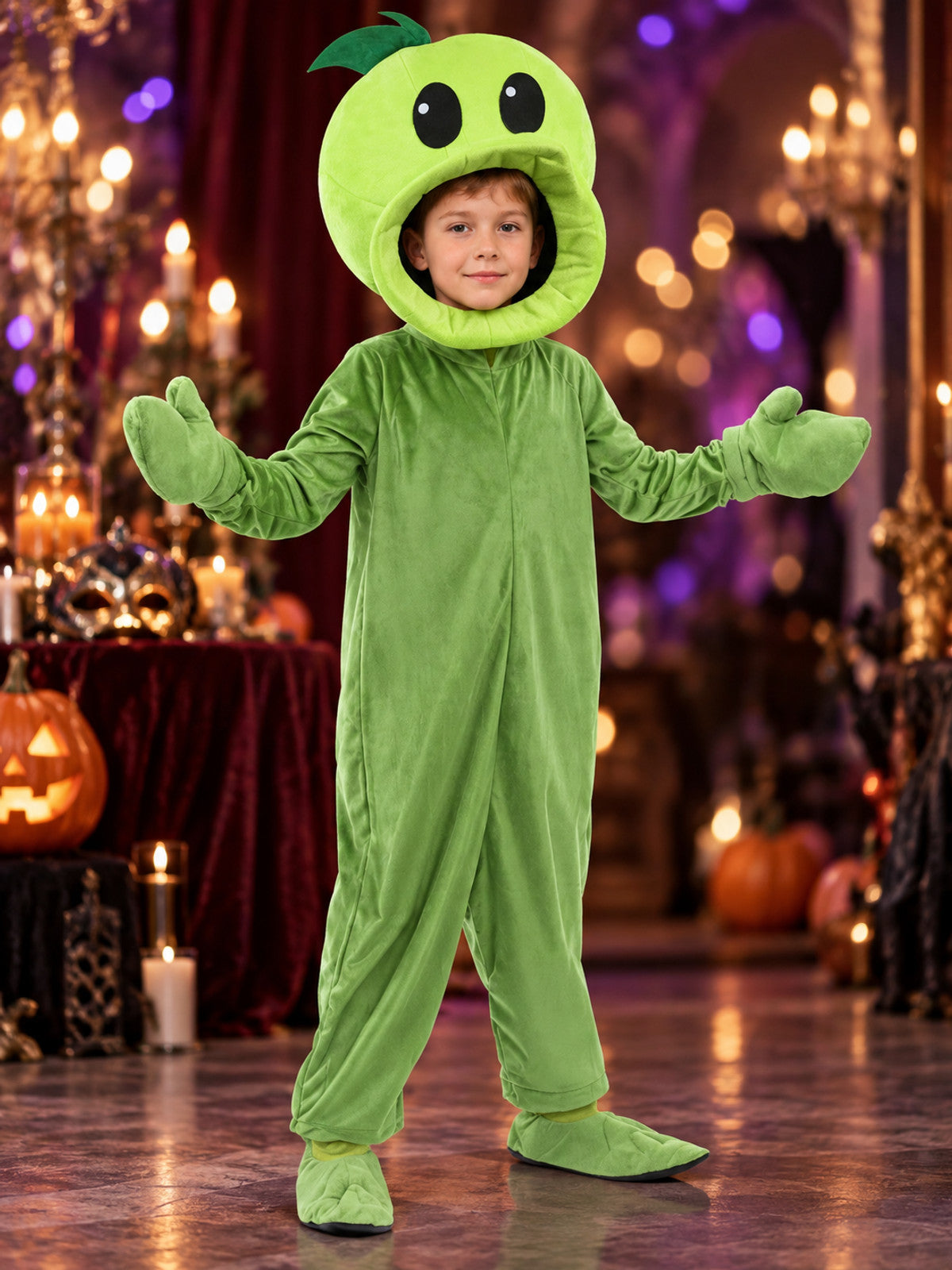 Kids' green carnival costume with headpiece
