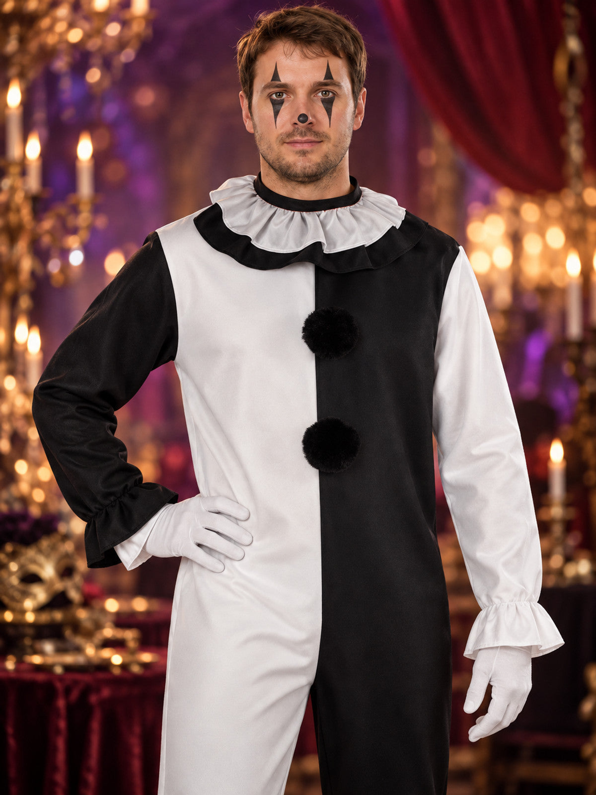 Black and White Clown Costume for Cosplay with Ruffle Collar