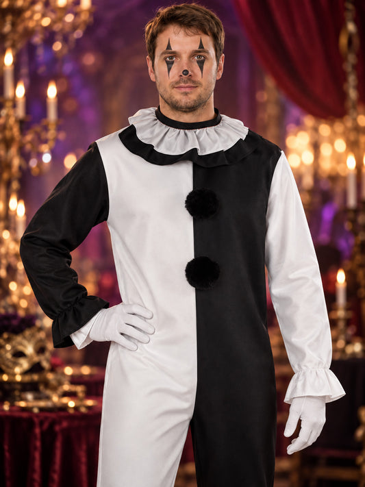 Black and White Clown Costume for Cosplay with Ruffle Collar