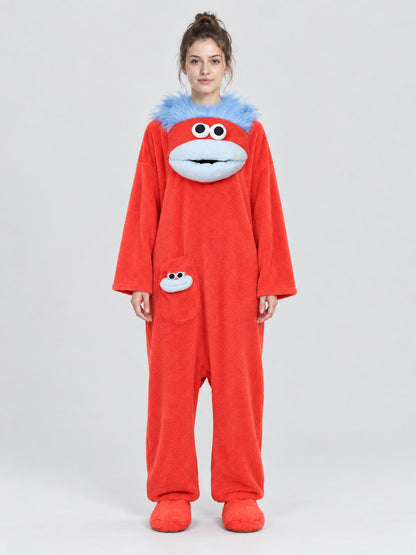 Red Fleece Pajama Jumpsuit with Cartoon Face