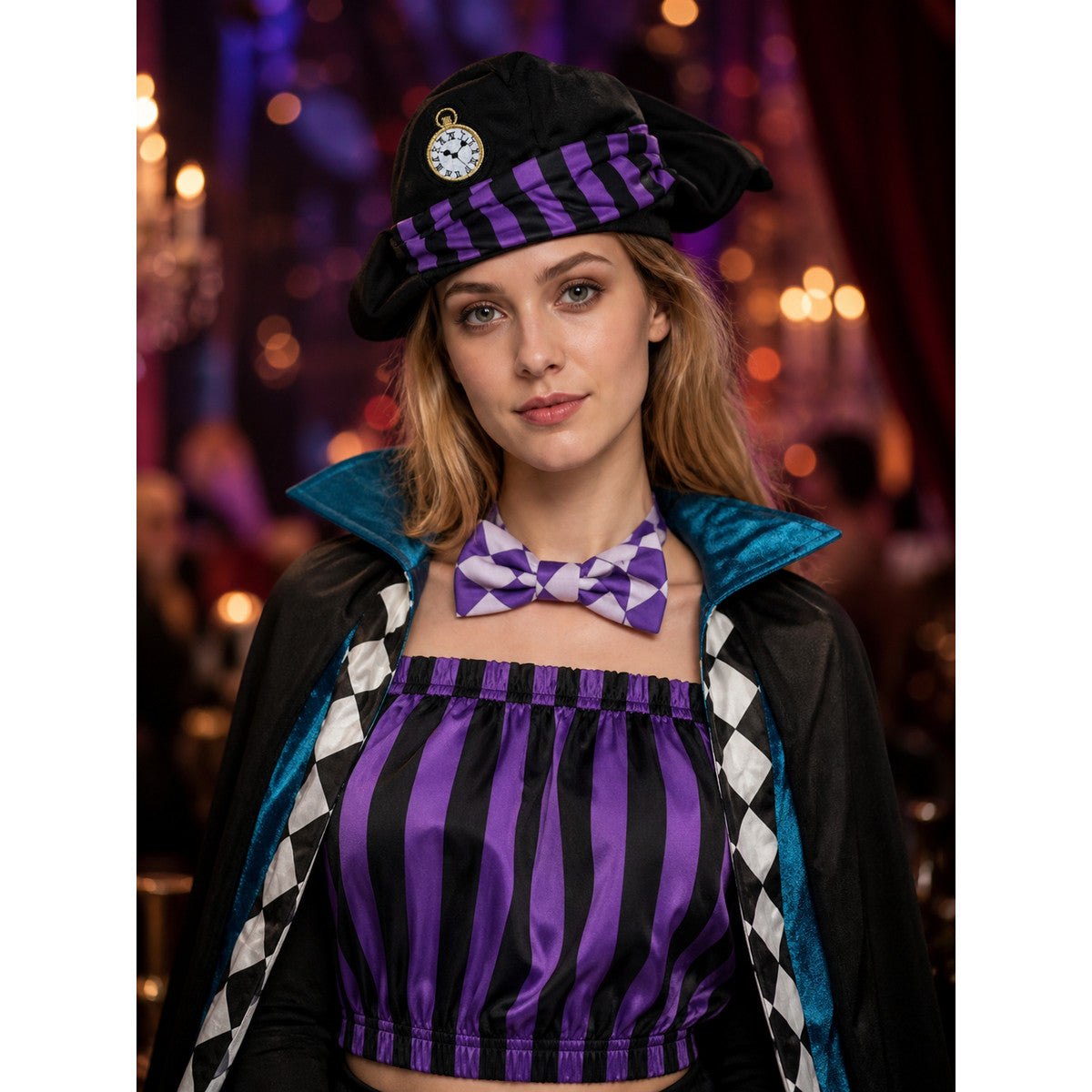 Women's Circus Magician Costume Set with Clock Hat, Blue & Black Diamond on-model view