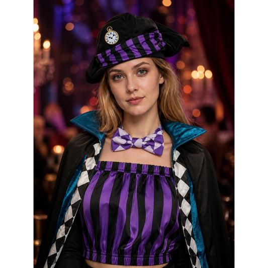 Women's Circus Magician Costume Set with Clock Hat, Blue & Black Diamond on-model view