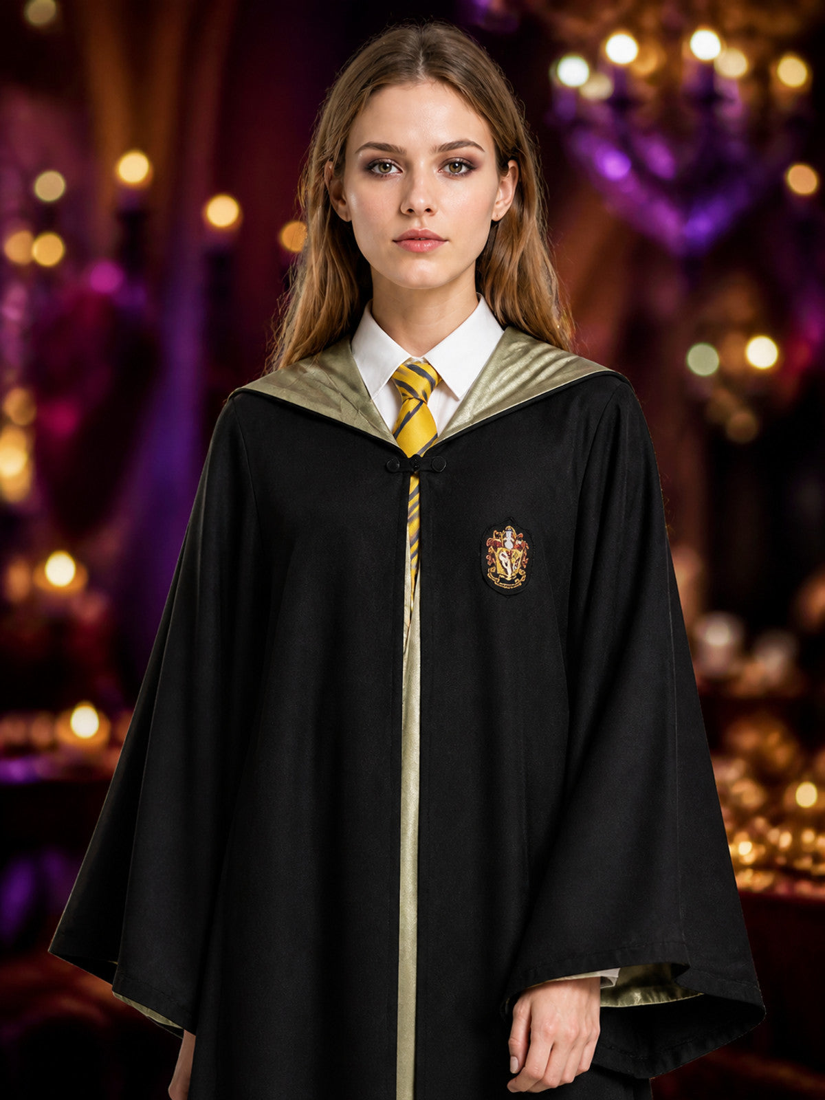 Wizard Robe Costume Set, Long Black Cloak with Crest and Striped Tie, Halloween on-model view