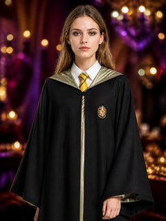 Wizard Robe Costume Set, Long Black Cloak with Crest and Striped Tie, Halloween