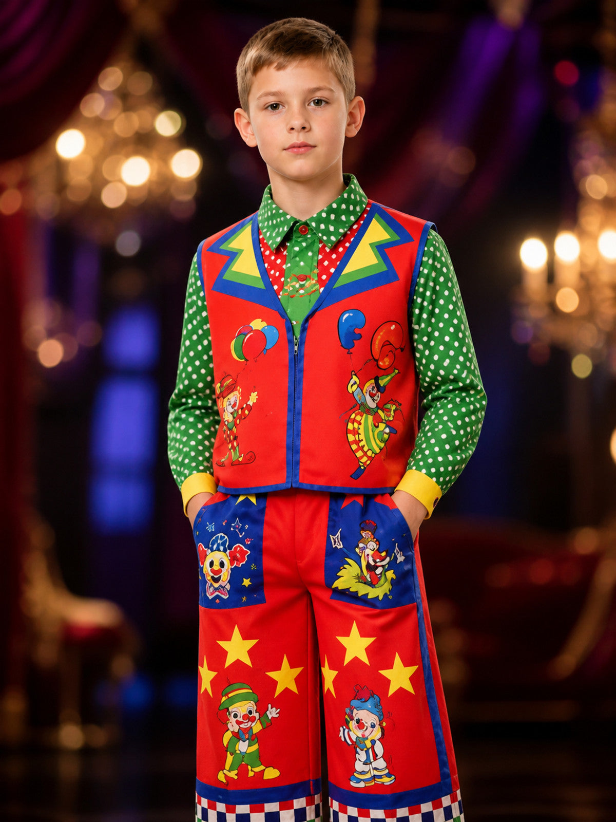 Circus Clown Costume Vest and Pants for Masquerades on-model view