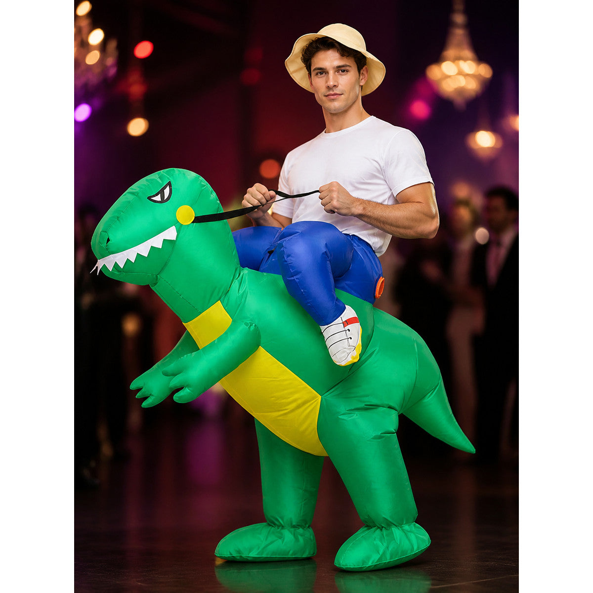 Green Inflatable Dinosaur Costume with Yellow Belly and Long Tail for Halloween on-model view