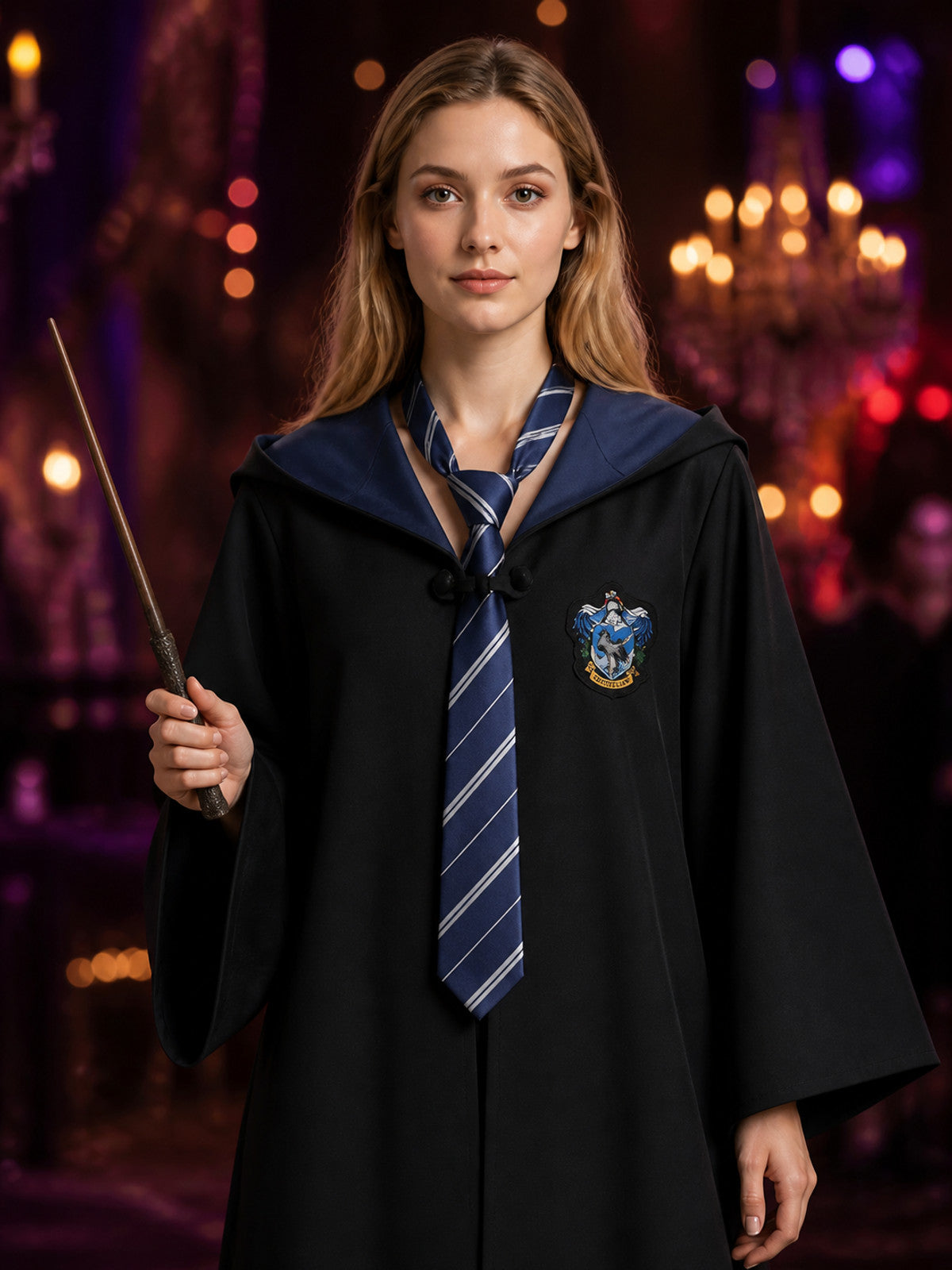 Wizard Hooded Robe Costume Set With Tie And Wand, Black Cosplay Halloween Outfit on-model view