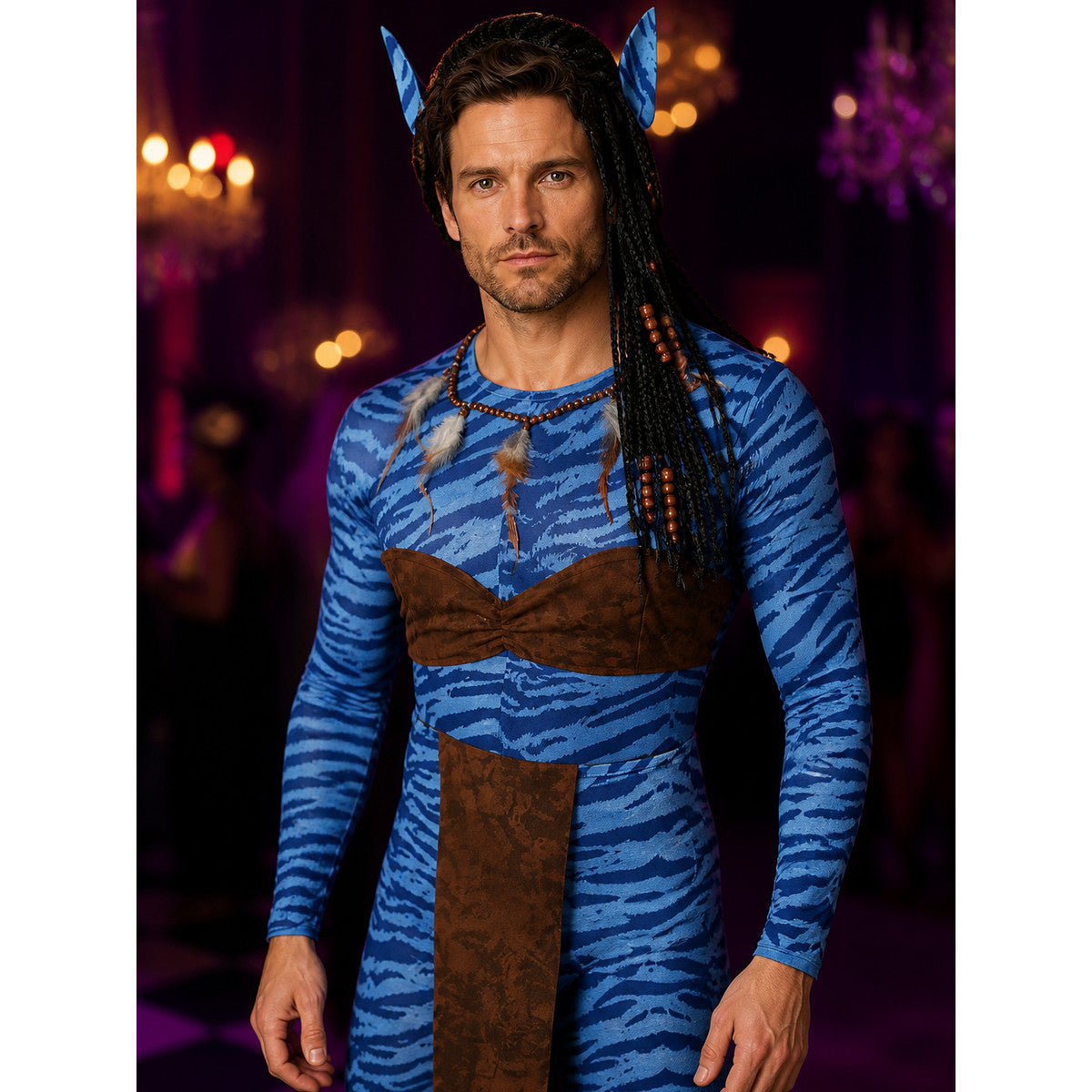 Unisex Avatar Style Blue Tiger Stripe Bodysuit Costume Set with Irregular Hem on-model view