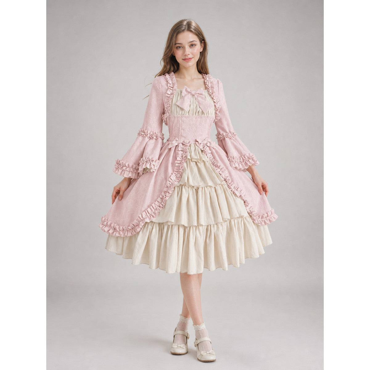 Rococo-Style Costume Dress with Ruffles and Bow on-model view