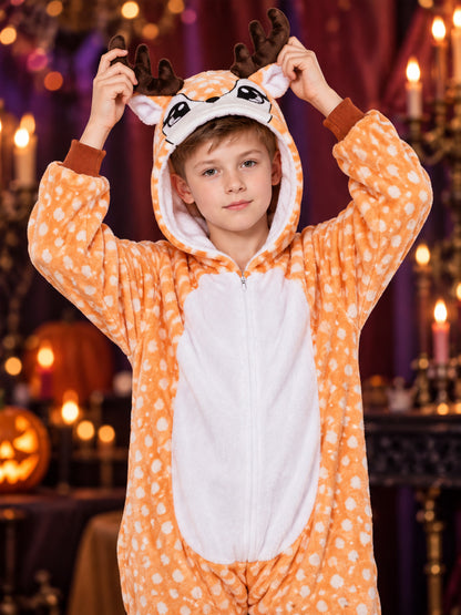 Orange Fleece Pajama Jumpsuit with Hood and Ears