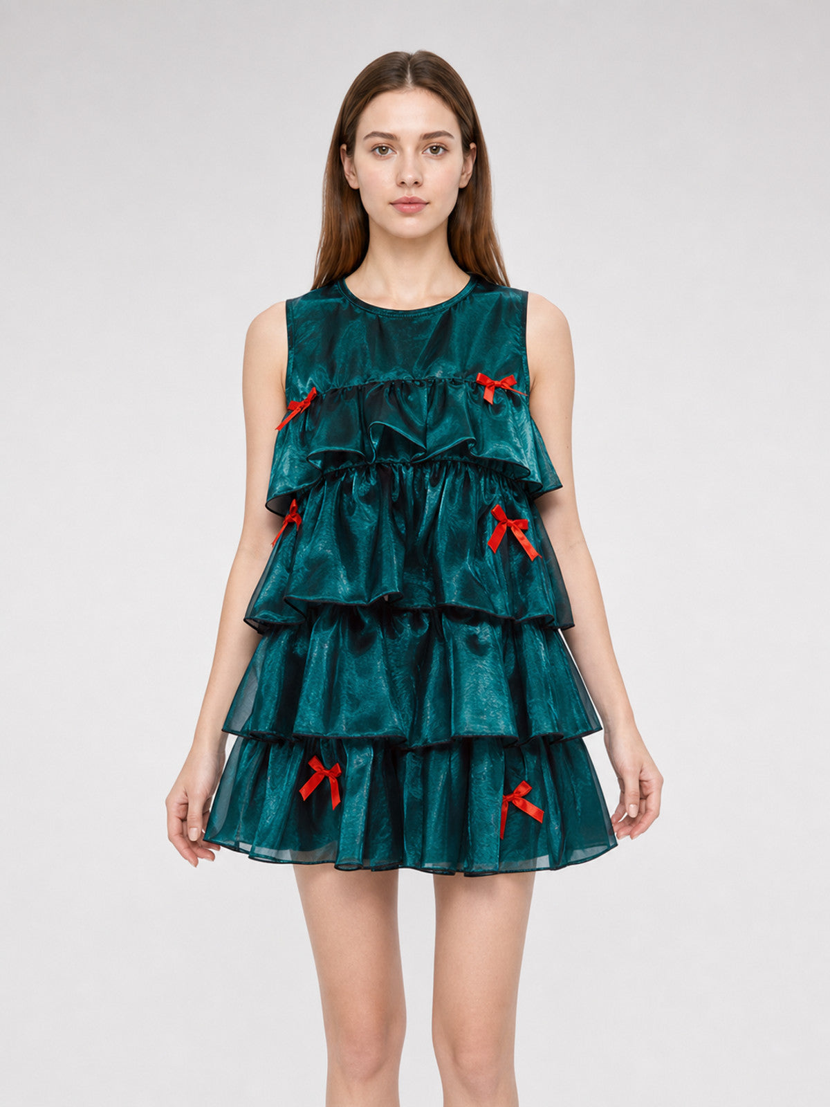 Christmas tree costume dress with tiered ruffles front view