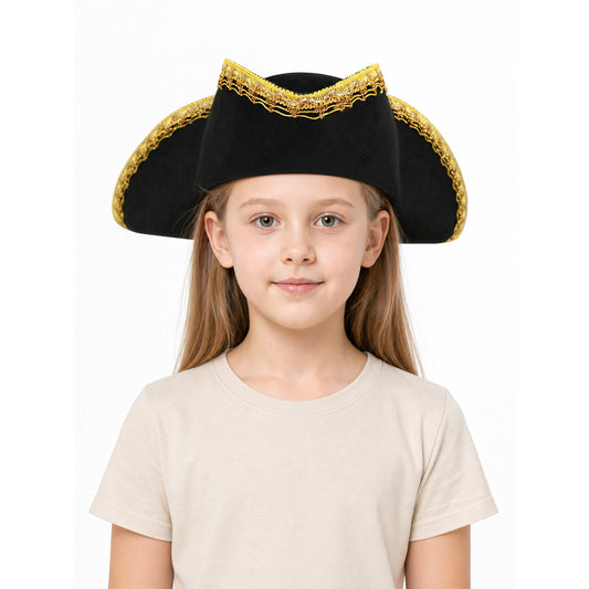 1pc Children's Pirate Hat, Black Wide Brim Pirate Costume Hat with Gold Decorative Trim, Tall Crown for Dress-Up Play and Costume Parties