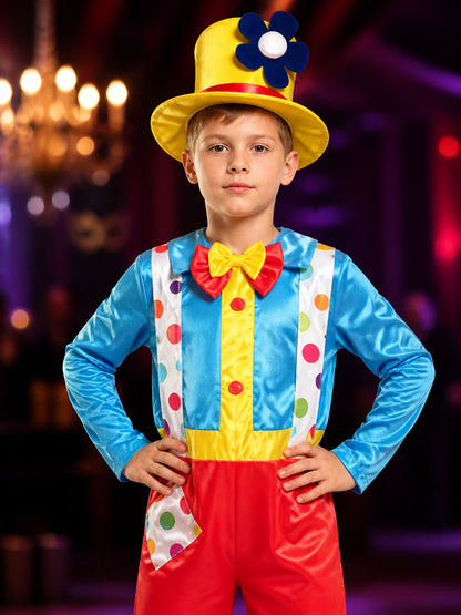 Boys' Colorful Clown Circus Costume Set with Jumpsuit and Tall Hat on-model view