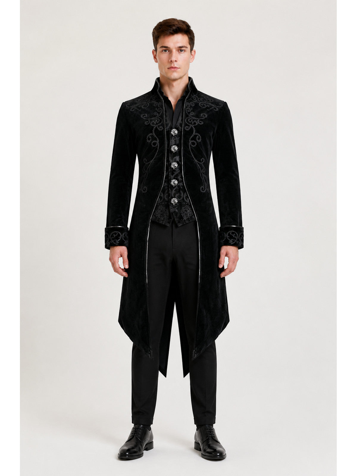 Black Tailcoat with Embroidery and Stand Collar main product view