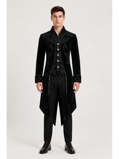 Black Tailcoat with Embroidery and Stand Collar main product view