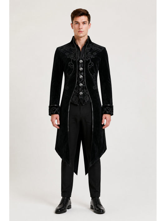 Black Tailcoat with Embroidery and Stand Collar main product view