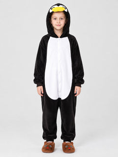 Black and white hooded pajama jumpsuit with animal face