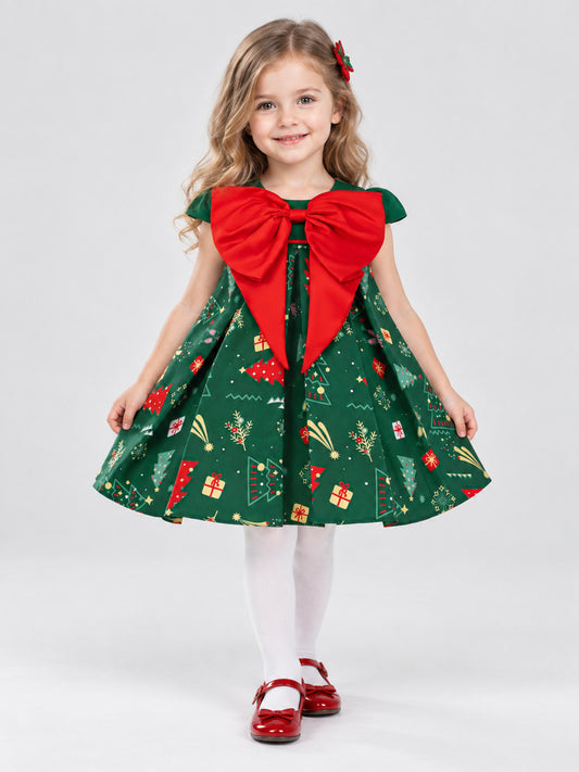 Children's Holiday Dress with Bow and Christmas Print
