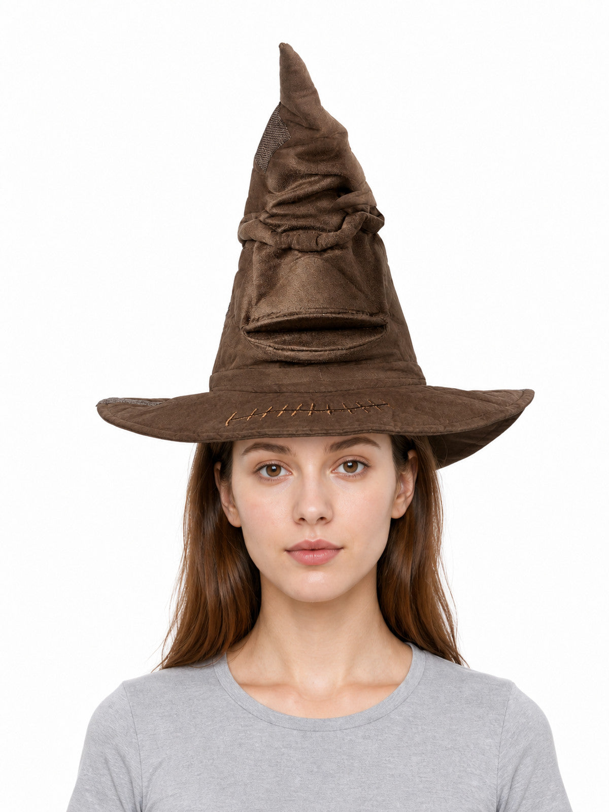 Brown pointed costume hat with a wrinkled cone, wide brim, and stitched detail, shown on a model from the front
