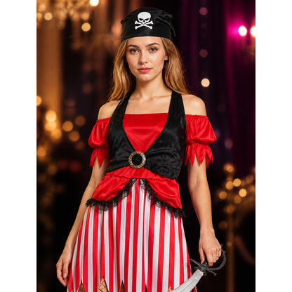 Women's Pirate Costume Set, Red and White Striped Dress with Skeleton Print on-model view