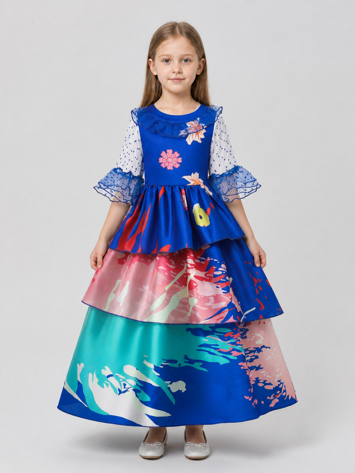 Children's cosplay dress with a full skirt and ruffles on-model view
