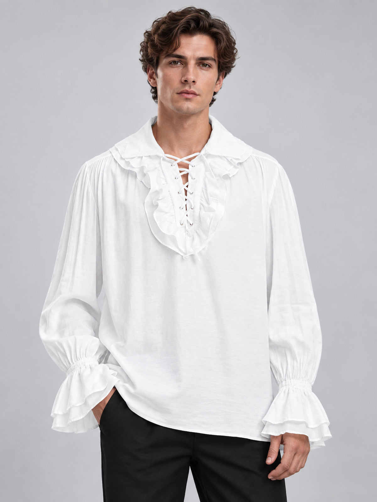 White shirt with ruffles, long sleeves, and lacing