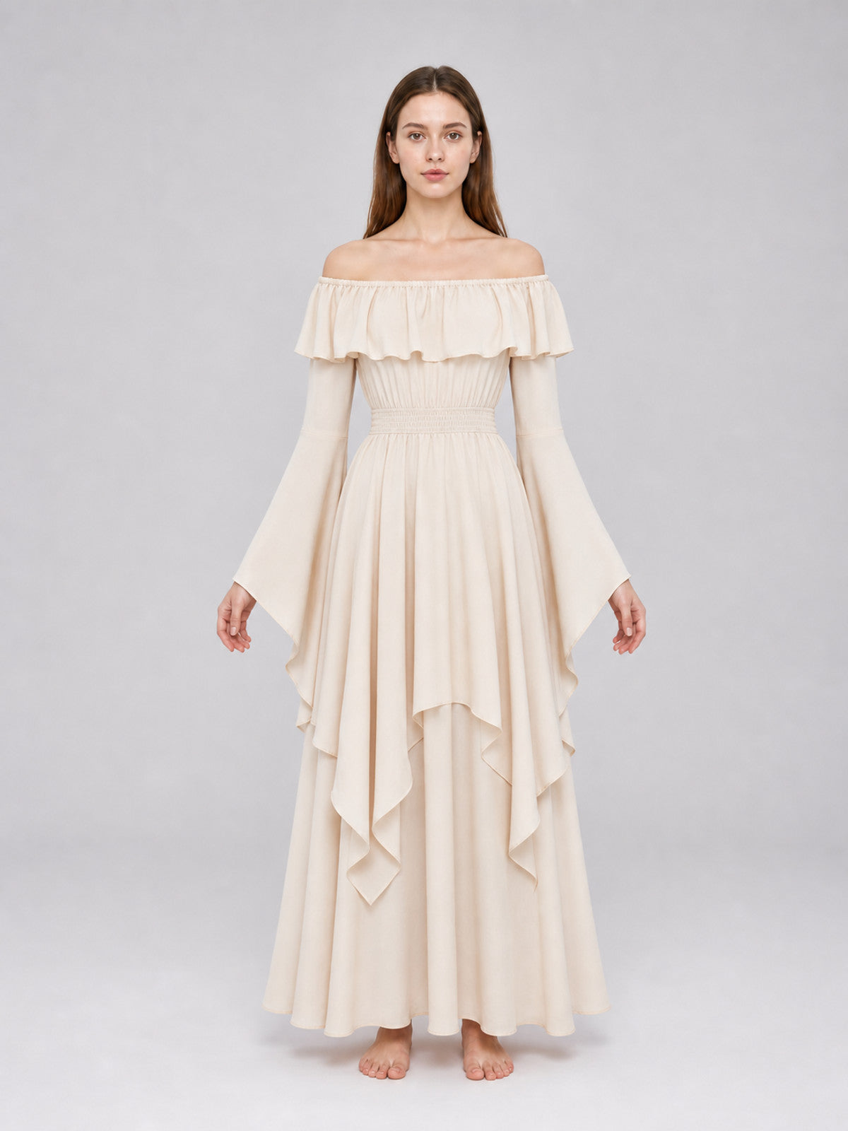 Long Off-the-Shoulder Dress with Ruffles front view