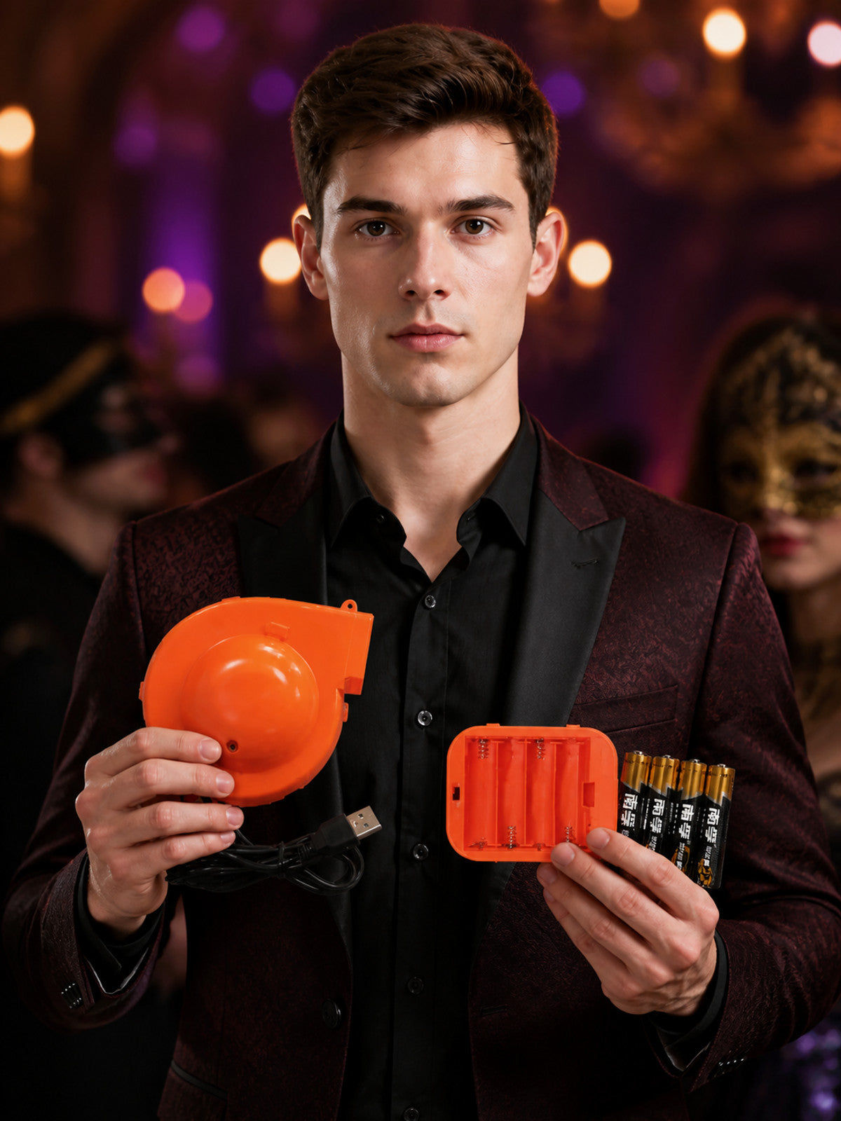 Portable Orange Air Pump with USB Cable and Battery Compartment on-model view