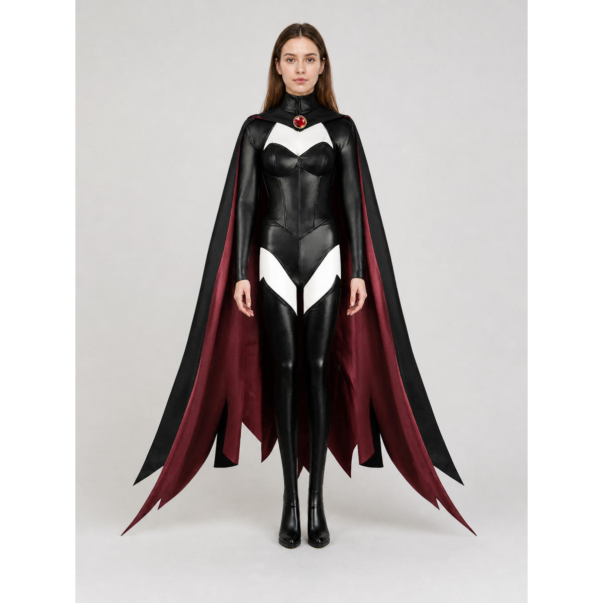 Black Cosplay Jumpsuit with Long Cape on-model view