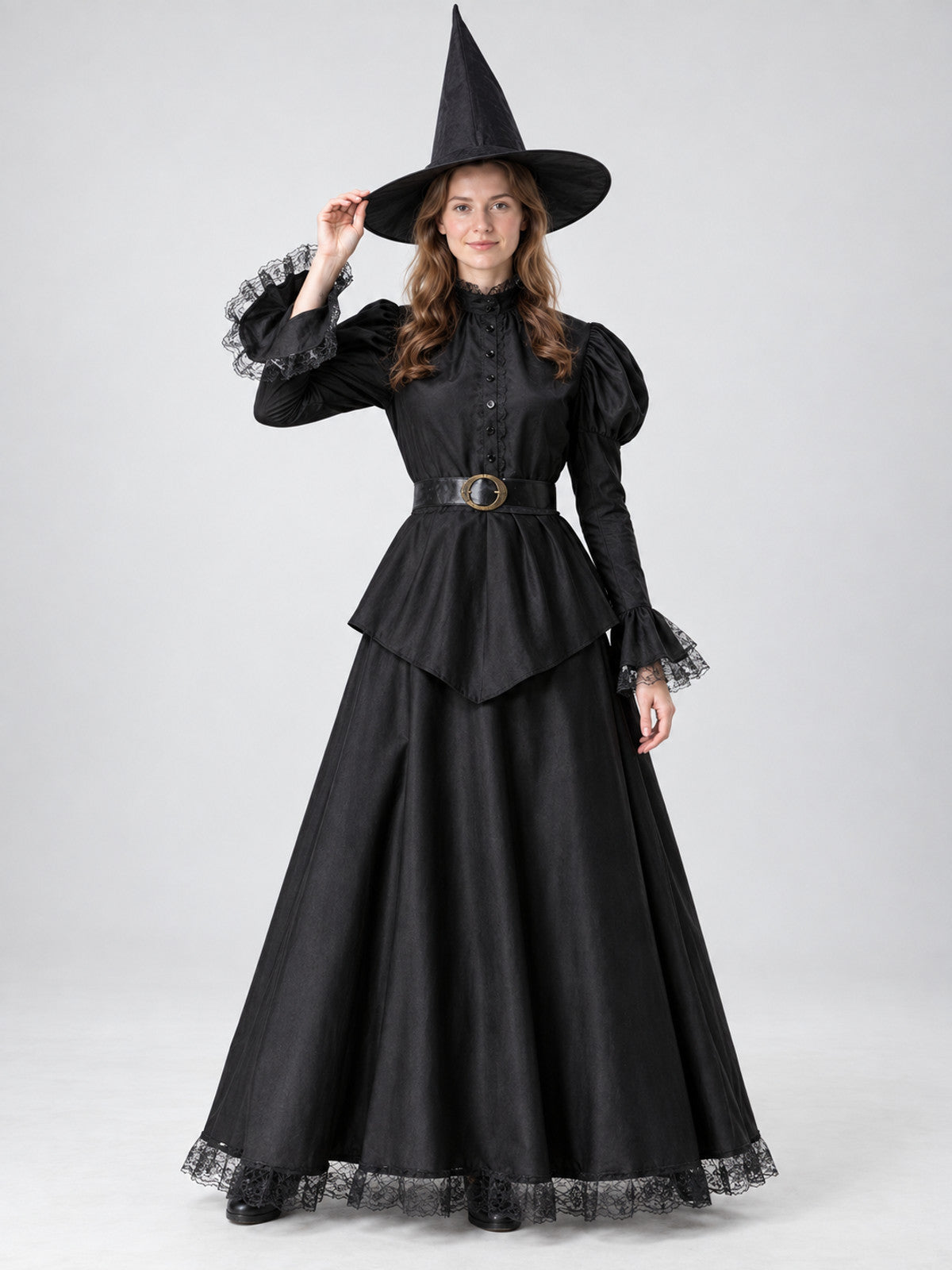 Witch Costume: Long Black Lace Dress, Hat, Belt