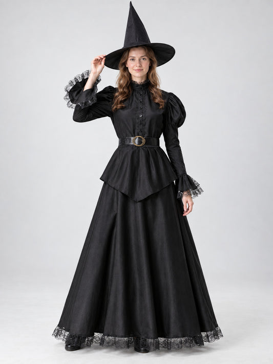 Witch Costume: Long Black Lace Dress, Hat, Belt