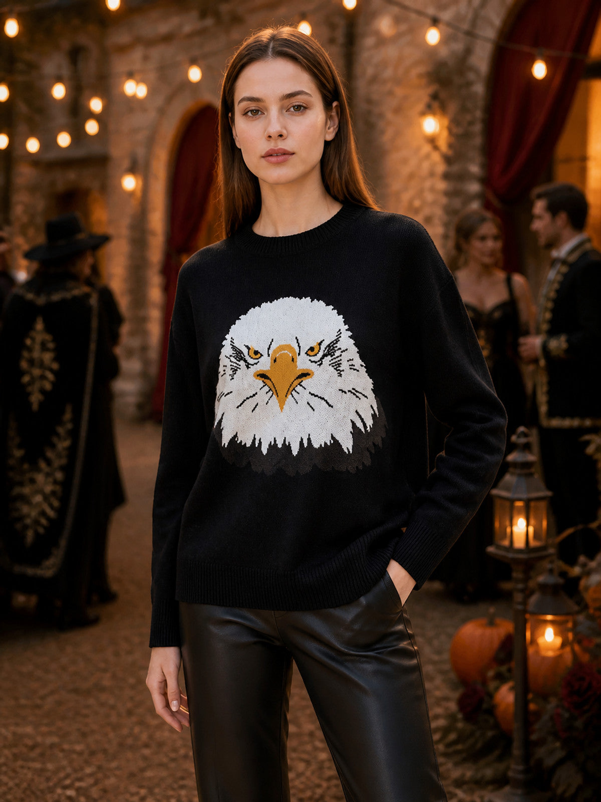 Black Long Sleeve Crew Neck Knit Sweater Featuring a White Eagle Head with