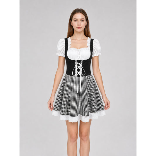 Folk-Style Carnival Dress with a Plaid Skirt