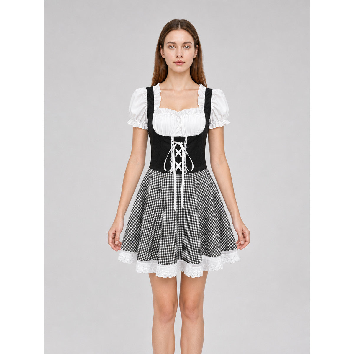 Folk-Style Costume Dress with Plaid Skirt front view