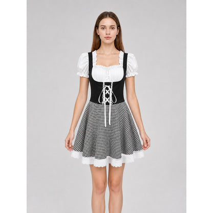 Folk-Style Costume Dress with Plaid Skirt front view