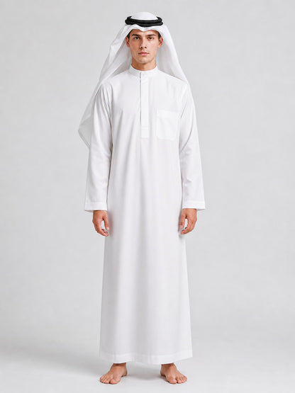 White long robe with smooth fabric, chest pocket and buttoned neckline, shown full-body on a model wearing a white head covering