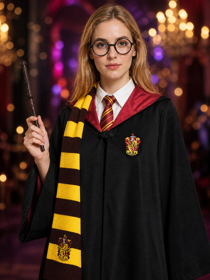 Black Hooded Wizard Robe Costume Set with School Crest, Scarf, Tie, Wand & on-model view