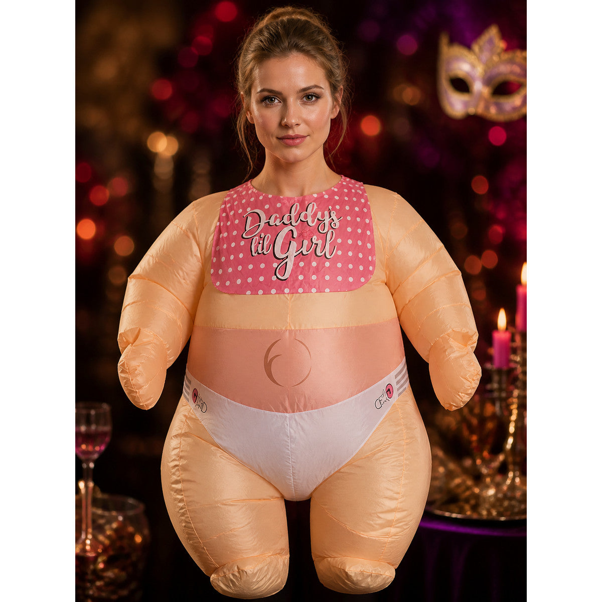 Unisex Inflatable Baby Doll Costume with Twin Pigtails and Polka Dots for on-model view