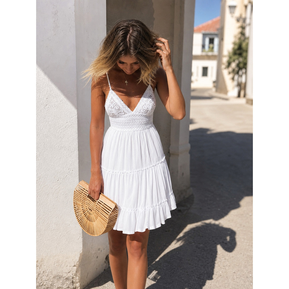 White Women's Thin-Strap Dress with Lace main product view