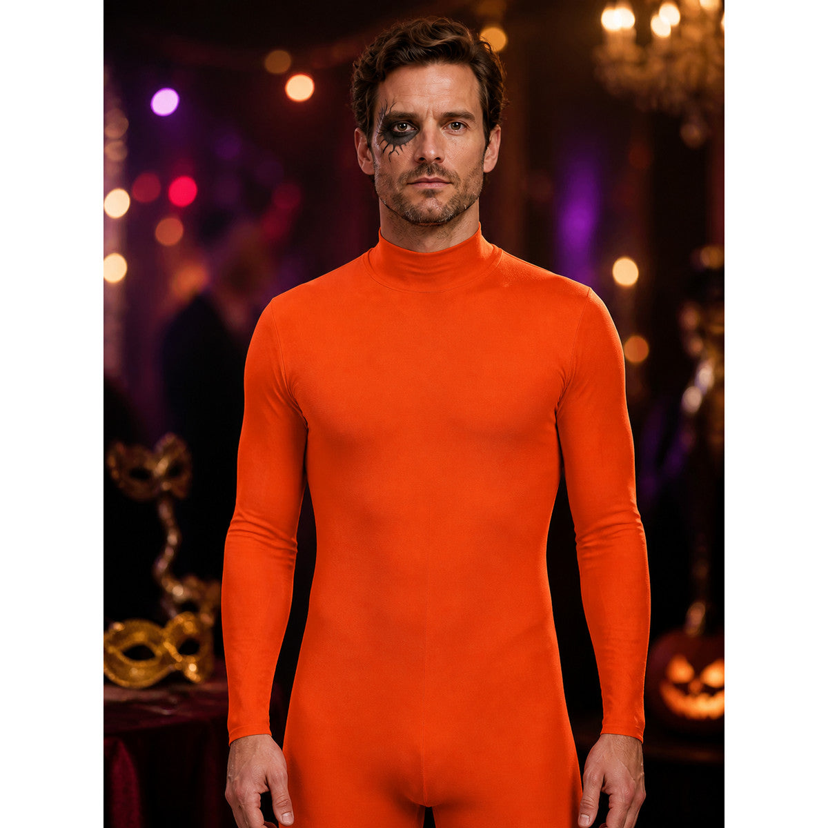 Unisex Spider Halloween Bodysuit Costume, Solid Orange Zentai with Face Opening on-model view
