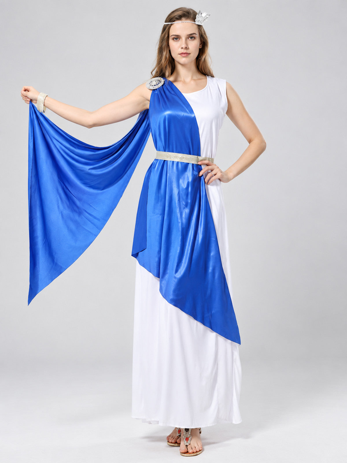 Ancient-themed carnival costume dress with blue draping on-model view