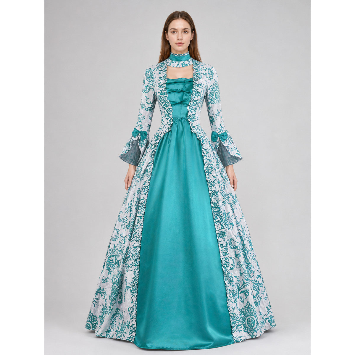 Long Dress with Pattern and Flared Sleeves
