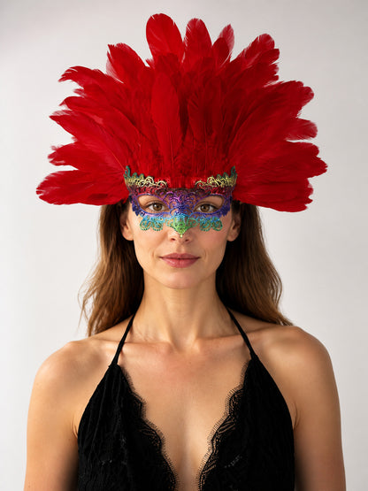 Carnival Headpiece with Red Feathers and Mask main product view