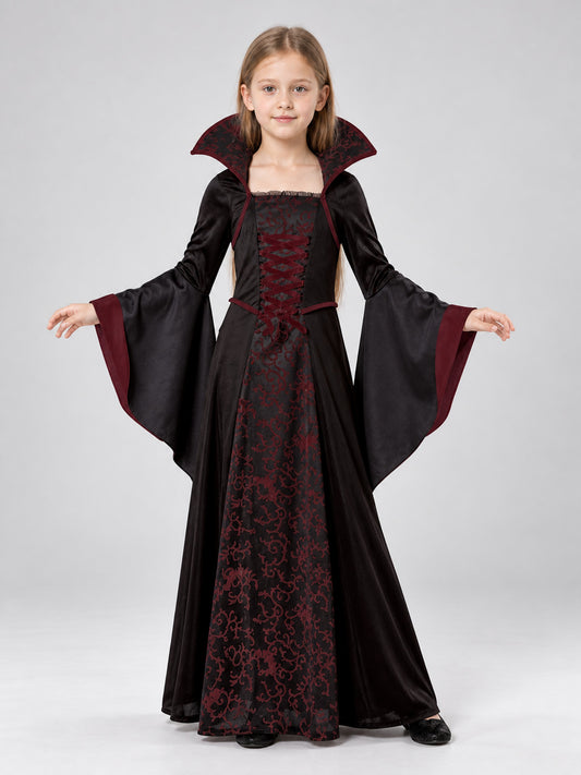 Girl wearing a black and burgundy vampire costume dress with high stand collar, laced front and flared bell sleeves, front view