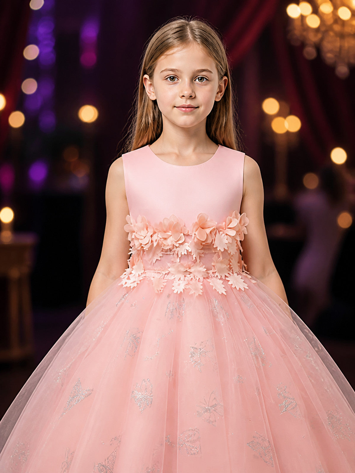 Girls' Pink Princess Flower Girl Dress With Layered Tulle Skirt And Butterfly on-model view