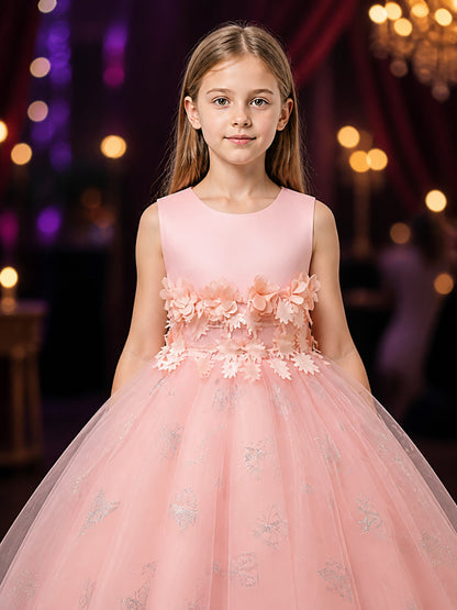 Girls' Pink Princess Flower Girl Dress With Layered Tulle Skirt And Butterfly on-model view